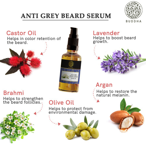buddha natural anti grey beard serum and wash combo serum ingredient image